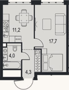 Планировка: 1-к, 37,2 м²