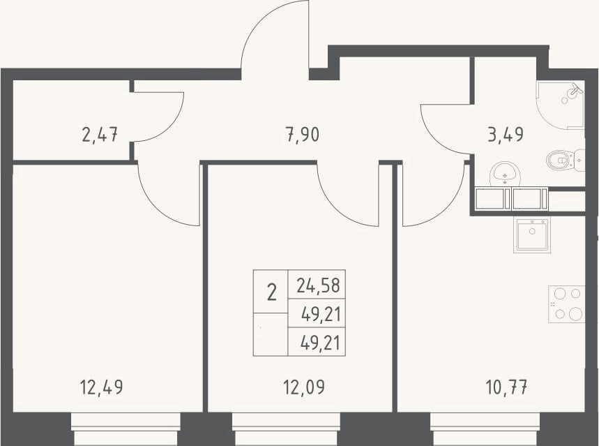 Планировка: 2-к, 49,2 м²