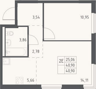 Планировка: 2-к, 40,9 м²