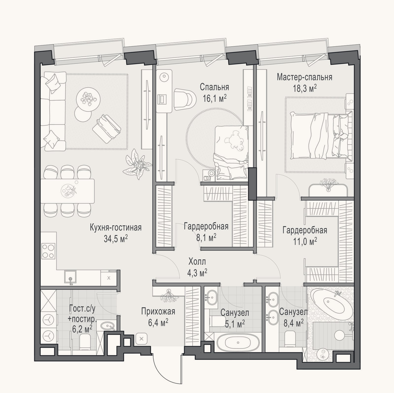 Планировка: 2-к, 118,4 м²