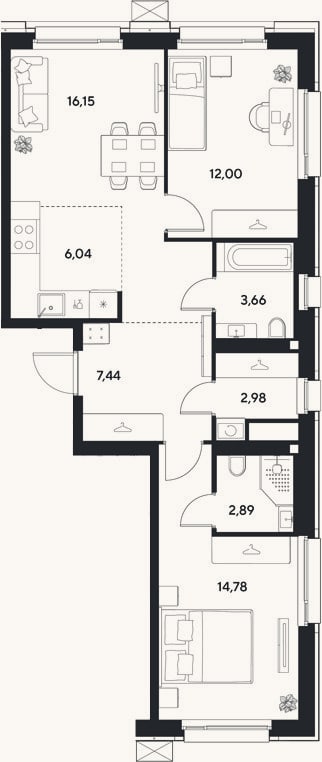 Планировка: 3-к, 65,9 м²