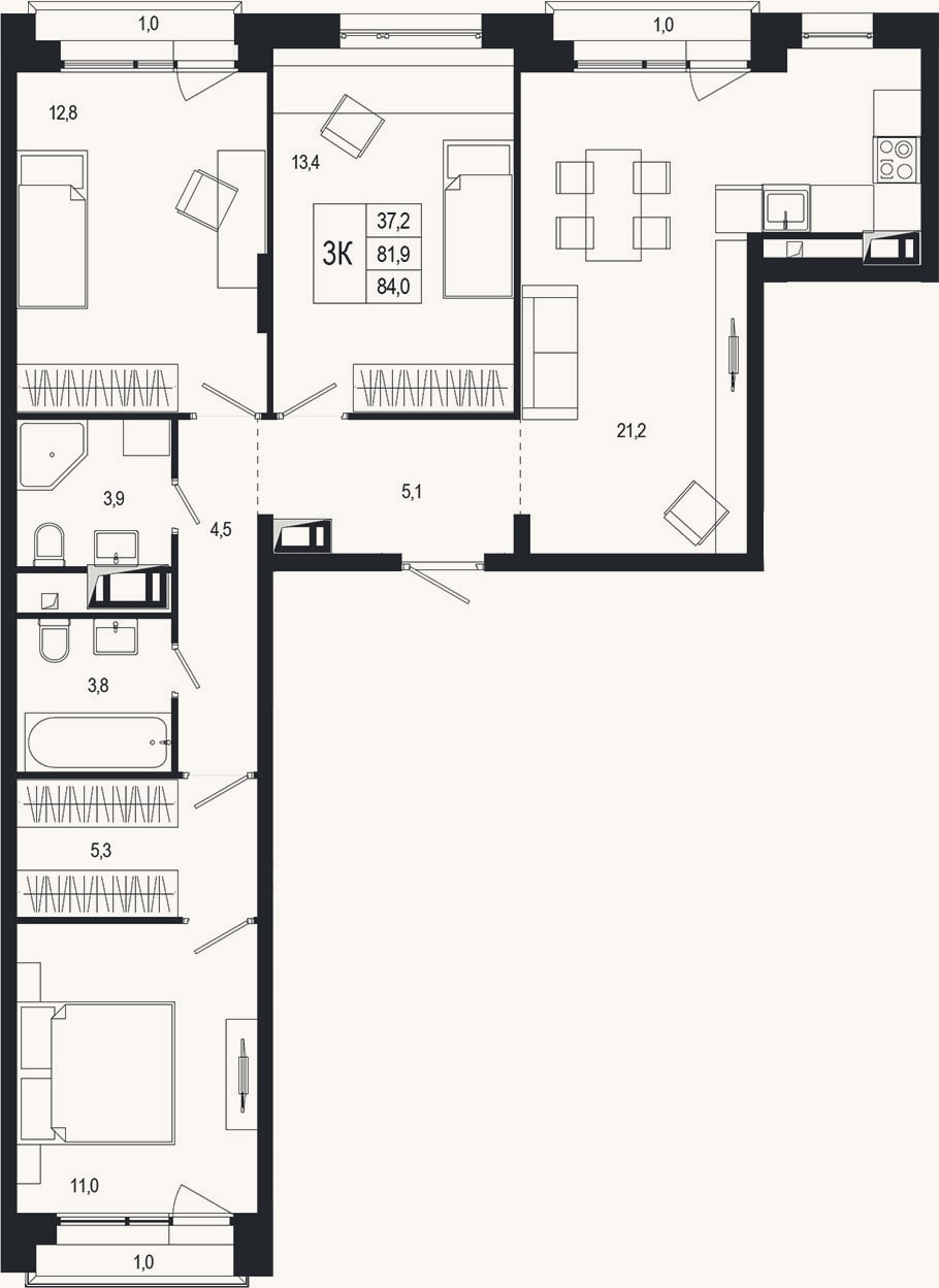 Планировка: 3-к, 83,7 м²