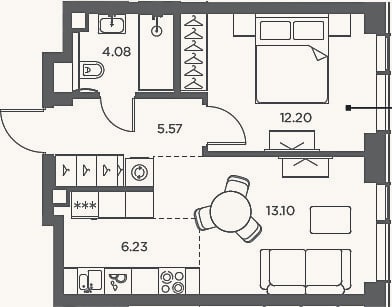 Планировка: 2-к, 41,2 м²