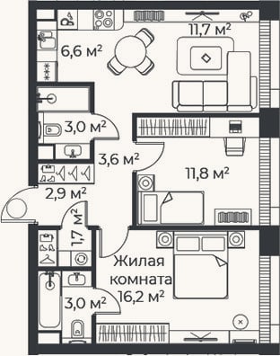 Планировка: 3-к, 60,4 м²
