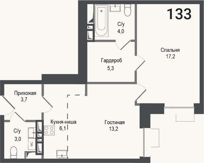 Планировка: 2-к, 52,5 м²