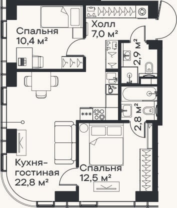 Планировка: 3-к, 58,4 м²