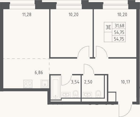 Планировка: 3-к, 54,8 м²