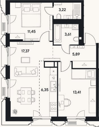 Планировка: 3-к, 61,3 м²