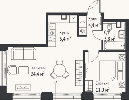 Планировка: 2-к, 48,9 м²