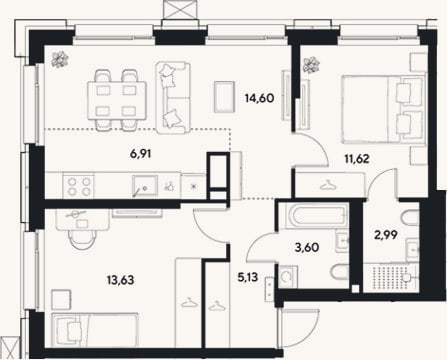 Планировка: 3-к, 58,5 м²