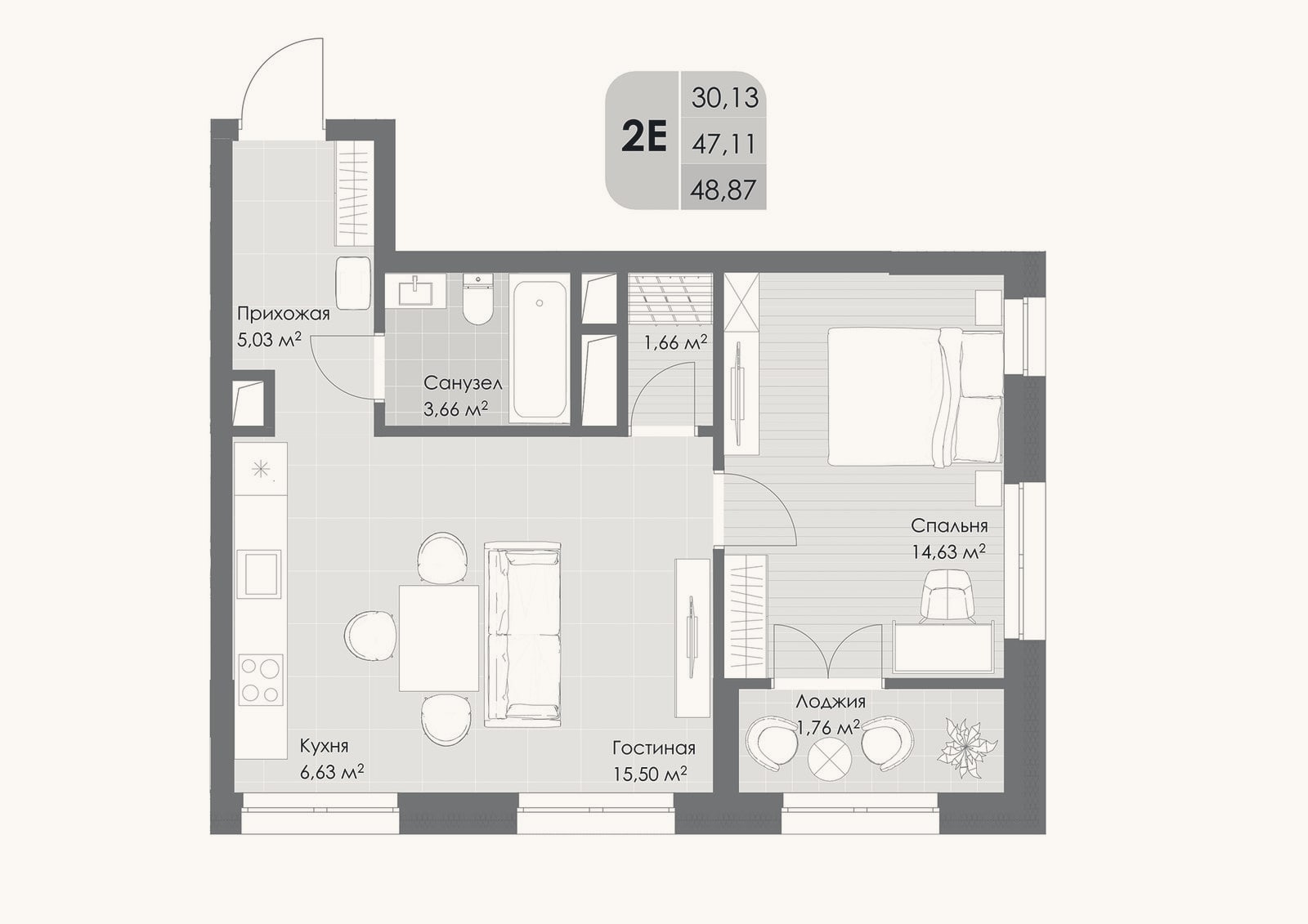 Планировка: 2-к, 47,1 м²
