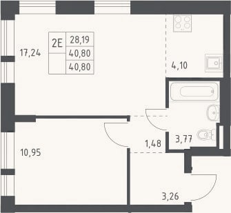 Планировка: 2-к, 40,8 м²