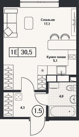 Планировка: Студия, 30,5 м²