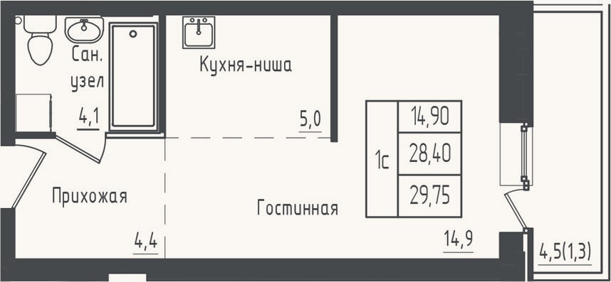 Планировка: Студия, 28,4 м²