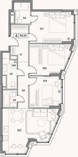 Планировка: 4+ к, 85,2 м²