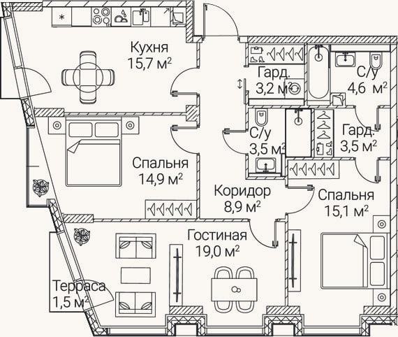 Планировка: 3-к, 87,4 м²
