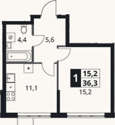 Планировка: 1-к, 36,3 м²