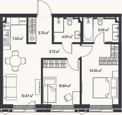 Планировка: 3-к, 60,2 м²
