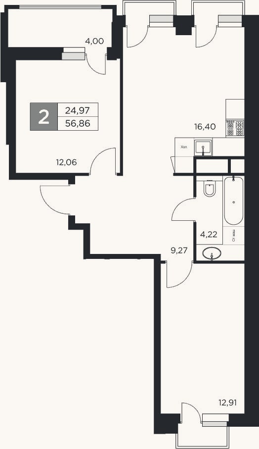 Планировка: 3-к, 54,9 м²