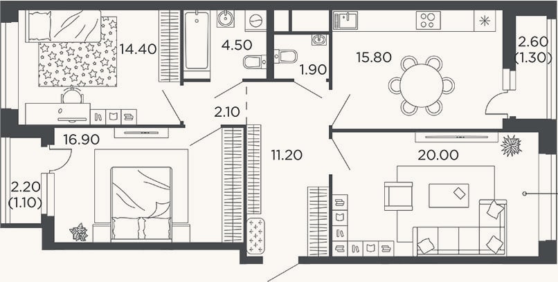 Планировка: 3-к, 86,8 м²
