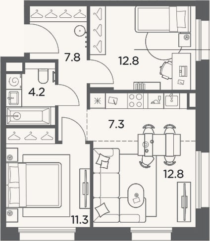 Планировка: 3-к, 56,2 м²