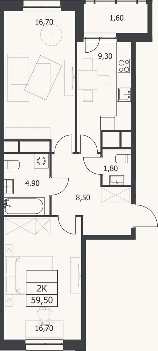 Планировка: 2-к, 57,9 м²