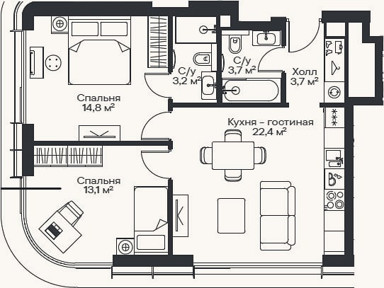 Планировка: 3-к, 59,7 м²