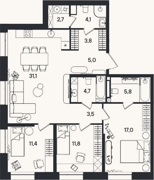 Планировка: 4+ к, 100,9 м²