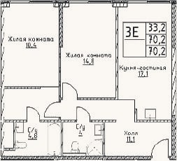 Планировка: 3-к, 70,2 м²