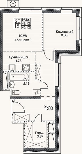 Планировка: 2-к, 46,1 м²