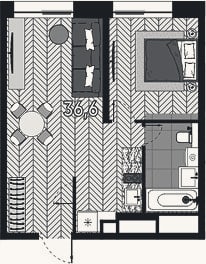 Планировка: 1-к, 36,6 м²
