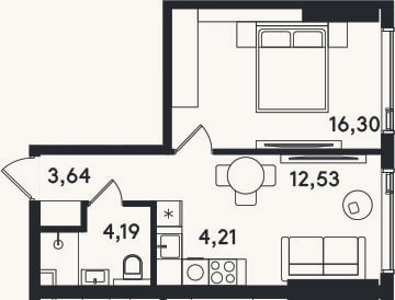 Планировка: 2-к, 40,9 м²
