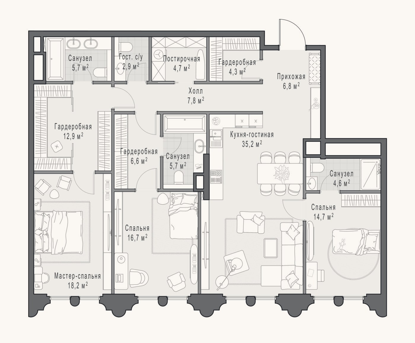 Планировка: 4+ к, 147 м²
