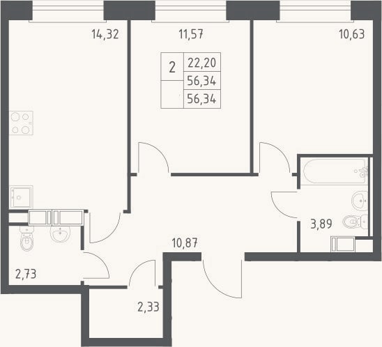 Планировка: 2-к, 56,3 м²
