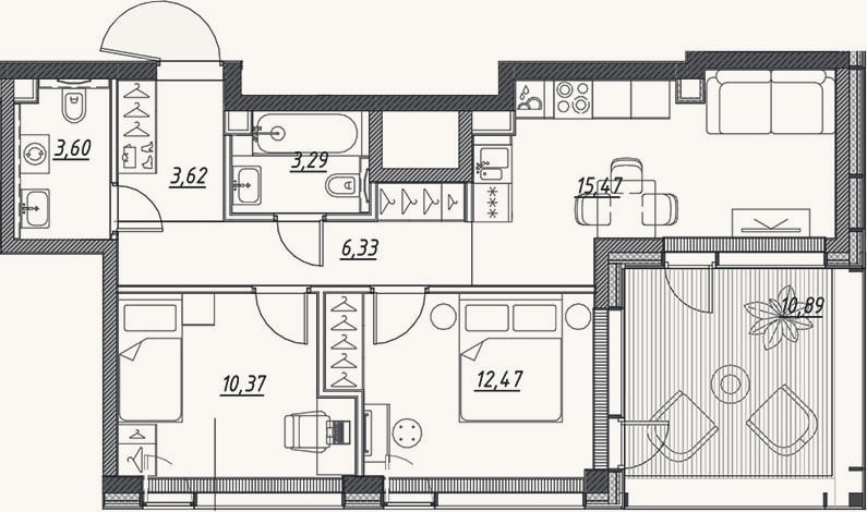 Планировка: 3-к, 55,2 м²