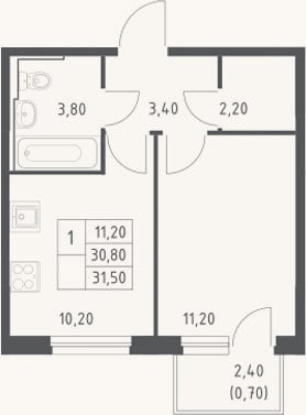 Планировка: 1-к, 30,8 м²