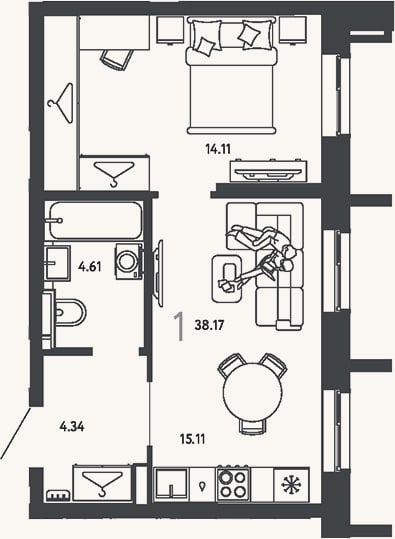 Планировка: 1-к, 38,2 м²
