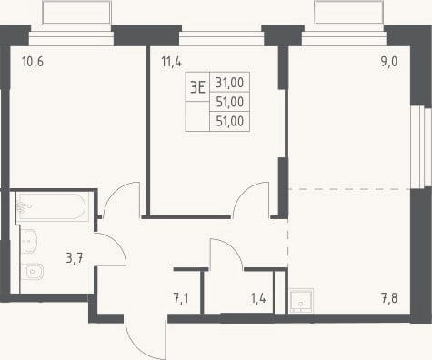 Планировка: 3-к, 51 м²