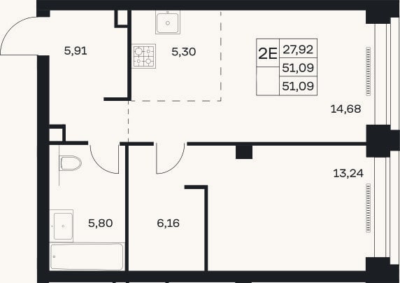 Планировка: 2-к, 51,1 м²