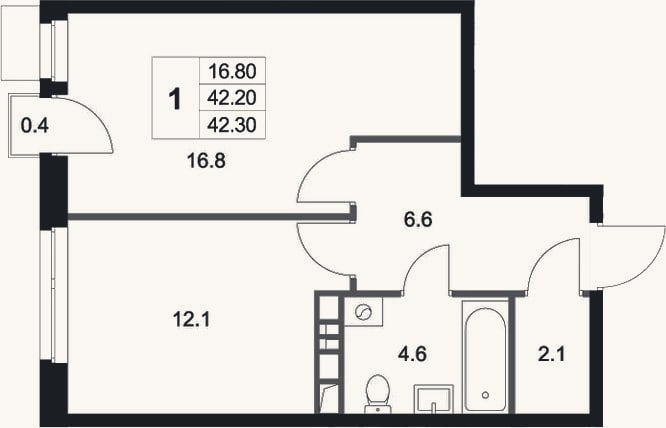Планировка: 1-к, 42,2 м²