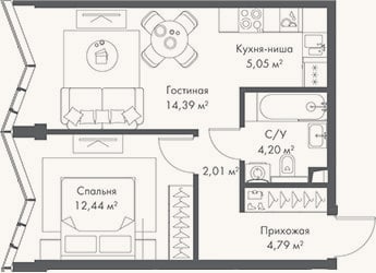 Планировка: 2-к, 42,9 м²