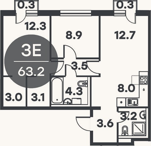 Планировка: 3-к, 62,6 м²