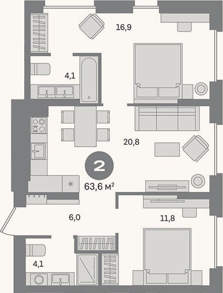 Планировка: 2-к, 63,6 м²