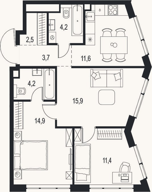 Планировка: 3-к, 68,4 м²