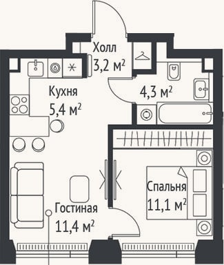 Планировка: 2-к, 35,4 м²