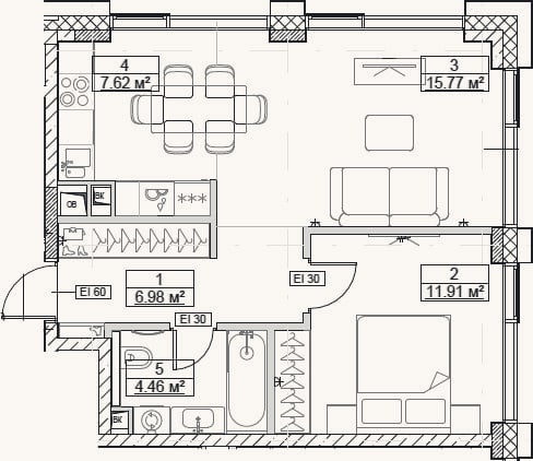 Планировка: 2-к, 46,7 м²