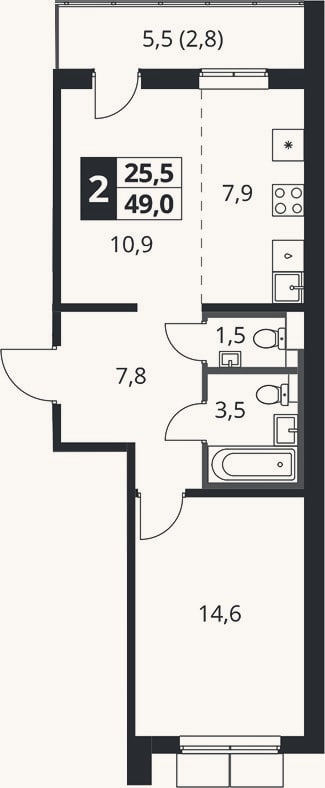 Планировка: 2-к, 46,2 м²
