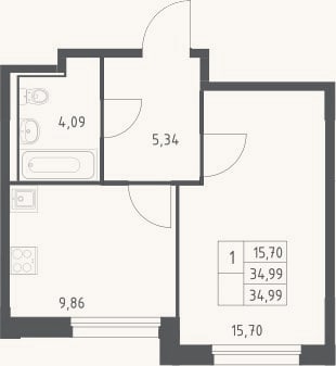 Планировка: 1-к, 35 м²