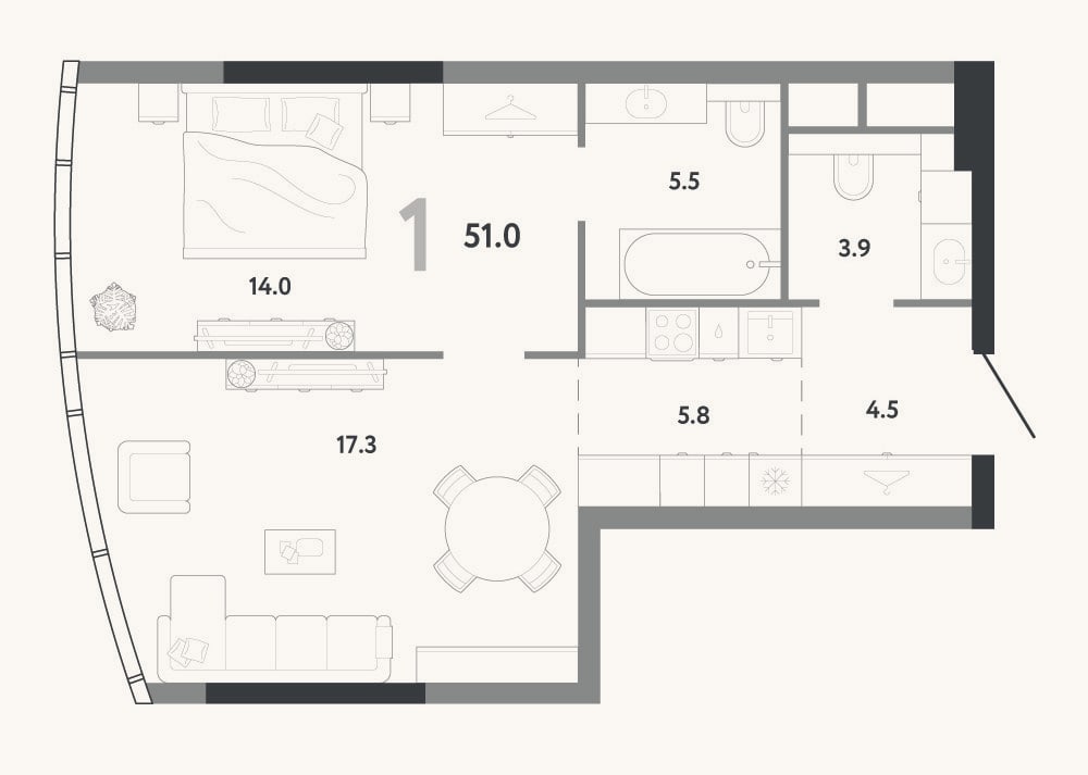 Планировка: 2-к, 51 м²