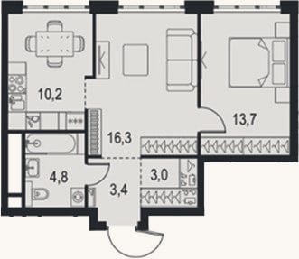 Планировка: 2-к, 51,4 м²